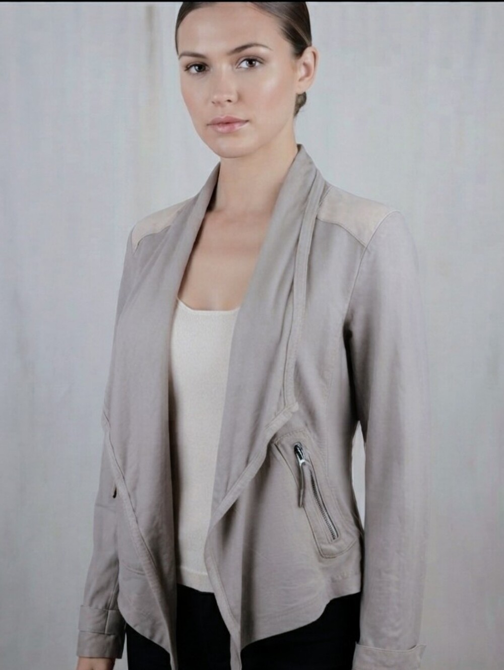 Anthropologie Drape Front Moto Jacket Light Gray Cotton Gingham Trim M , NWT